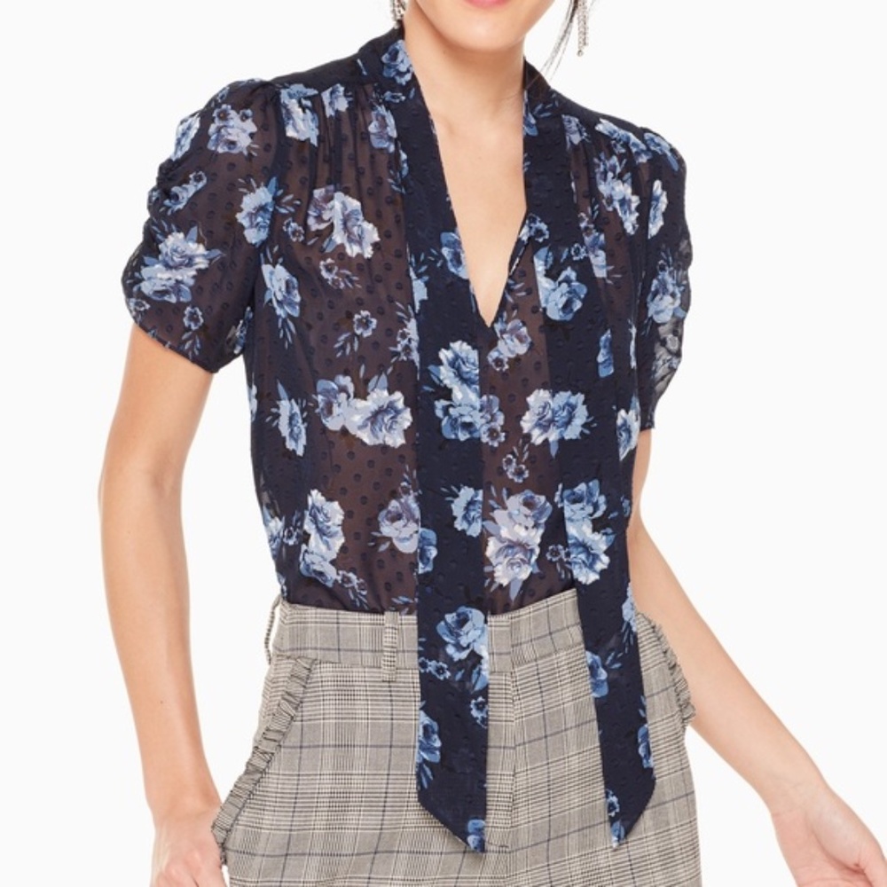 Kate Spade Navy Floral and Polka Dot Sheer Blouse Size Medium
